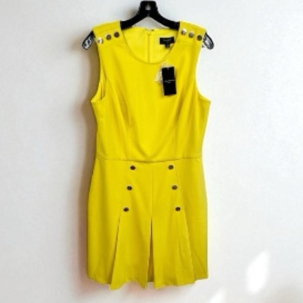 Tahari ASL Bright Yellow Button Accents Pleated Skirt Sleeveless Dress 14P
